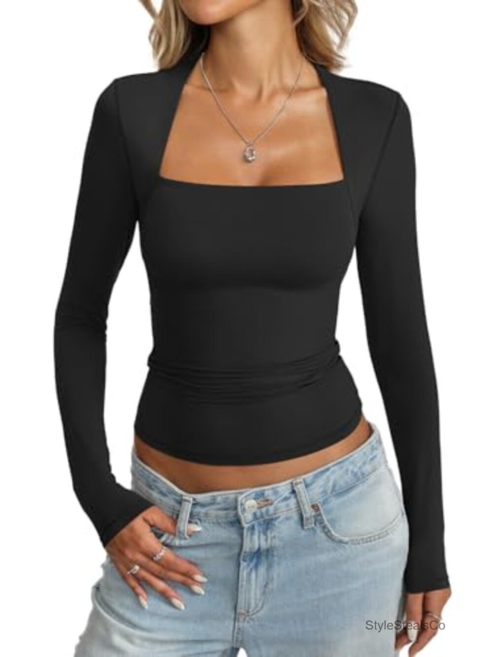 Double Lined Square Neck Long Sleeve T-Shirt 76% Polyamide 24% Elastane